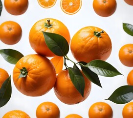 A bright orange orange, with its leaf stem placed on a clean white surface with a white background. The lighting is soft and even, bringing out the texture of the orange peel.
