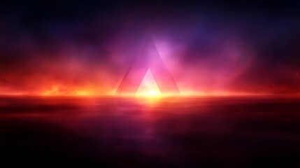 A triangular structure rises above a fiery horizon
