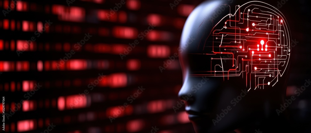 Poster futuristic digital brain with circuits and glowing red lights in a dark, tech-inspired setting.