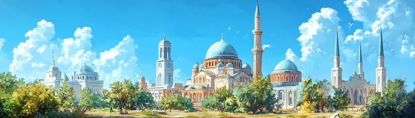 Naklejka premium A mosque, a church, and a synagogue standing side by side, symbolizing interfaith unity