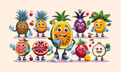  Modern vector-style illustration featuring anthropomorphic fruit characters with expressive faces, easily editable.