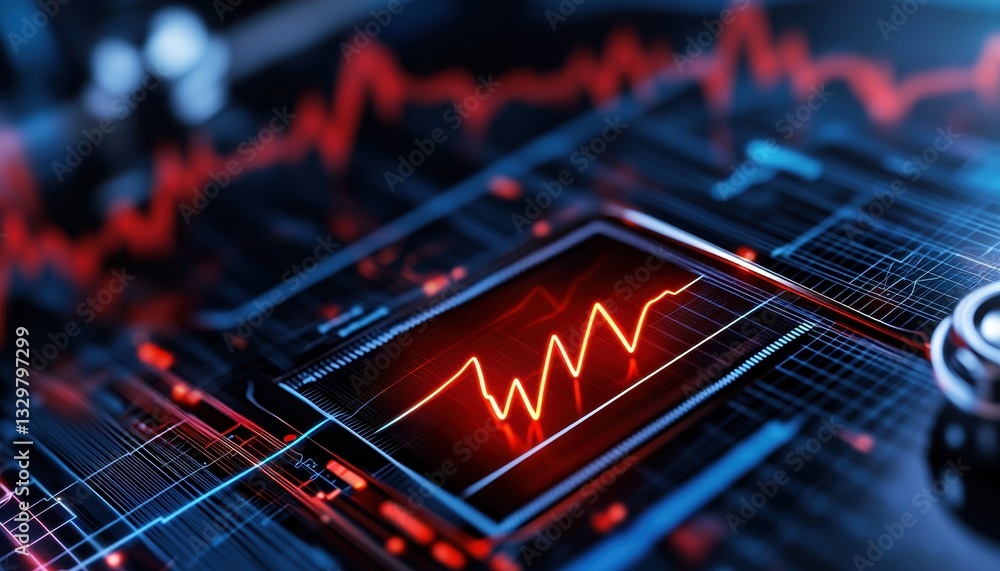 Poster futuristic digital heartbeat on screen with red glowing lines and circuit board background.