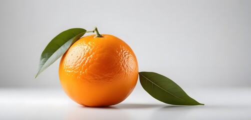 A bright orange orange, with its leaf stem placed on a clean white surface with a white background. The lighting is soft and even, bringing out the texture of the orange peel.