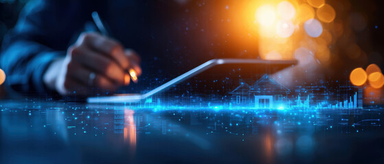 person analyzing real estate data on digital tablet with futuristic holographic visuals of houses and graphs, symbolizing technology driven property investment