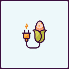 Illustration of electricity cord connecting to corn, representing sustainable bioenergy