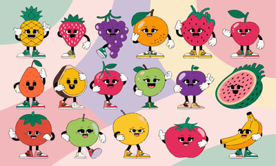 Modern vector-style illustration featuring anthropomorphic fruit characters with expressive faces, easily editable.
