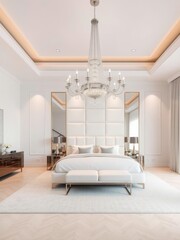  Spacious Luxury Bedroom with a Classic White Bed and Statement Chandelier