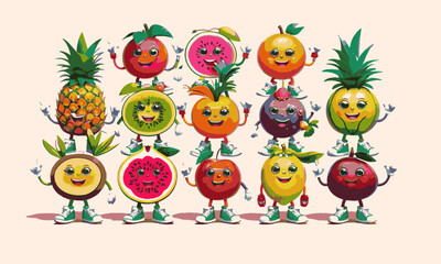  Modern vector-style illustration featuring anthropomorphic fruit characters with expressive faces, easily editable.