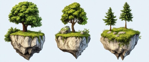 Three Pixel Art Floating Islands with Trees and Rocks