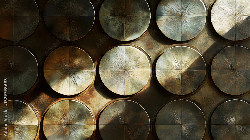 Poster industrial wall of metal plates creating a unique textured surface with identical motifs and sunligh
