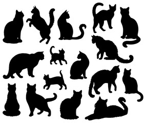 Vector illustration. Silhouettes of black cats. Set of animal stickers. Large set.	