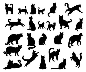 Vector illustration. Silhouettes of black cats. Set of animal stickers. Large set.	