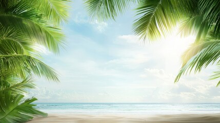 Fototapeta premium Idyllic tropical beach paradise with palm trees, umbrellas and crystalclear turquoise water