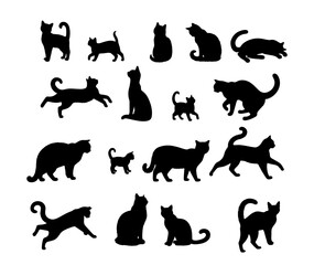 Vector illustration. Silhouettes of black cats. Set of animal stickers. Large set.	