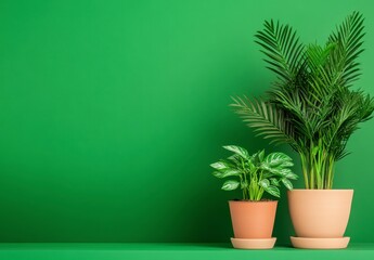Fototapeta premium Three Potted Plants Against a Green Wall