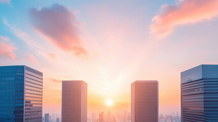 Fototapeta premium vibrant cityscape at sunrise with modern skyscrapers and colorful sky, evoking sense of optimism and urban energy