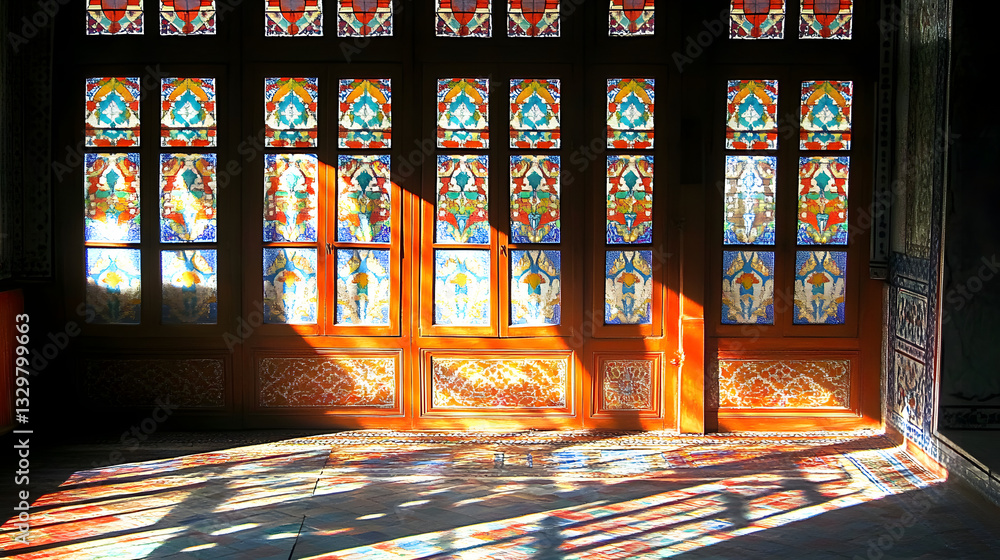 Poster beautiful sunlight streaming through a stained glass window creating an ethereal display of color an
