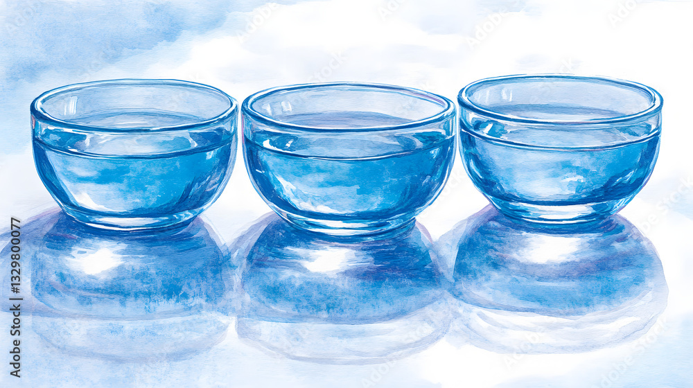 Poster illusory forms of three glasses reflecting unique shapes on a cool-toned background creating a mesme