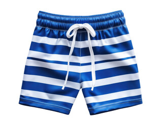 Striped swim trunks in blue tones suitable for summer beach outings on a transparent background, cut out