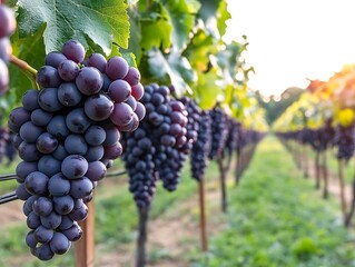 Naklejka premium Vineyard grapes, rows, and leaves during sunset for harvest