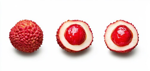 Three Red Lychees Whole and Halved on White Background