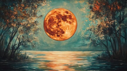 A large blood moon rises over a tranquil reflective water scene