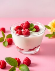 Yogurt with raspberries on a pink background