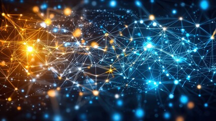 A vibrant, abstract representation of interconnected nodes and lines, showcasing a blend of blue and orange lights against a dark background.
