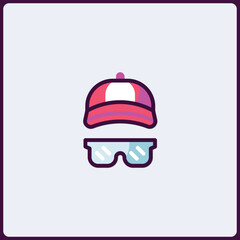 Stylized icon illustration depicting a baseball cap and sunglasses duo