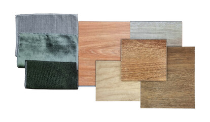 set of interior material samples contains oak and ash vinyl flooring tiles, green and grey drapery, green velvet curtain fabric, wood ceramic tiles isolated on background with clipping path.