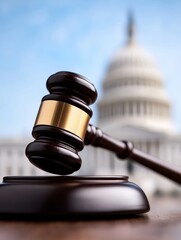 Gavel judge fair Gavel in focus with iconic building background represents justice and authority.