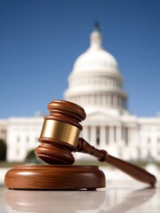 Gavel judge fair Gavel in front of government building, symbolizing justice and legislation.