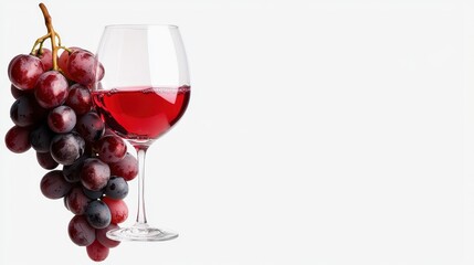 Glass of red wine with a bunch of grapes on a white background.