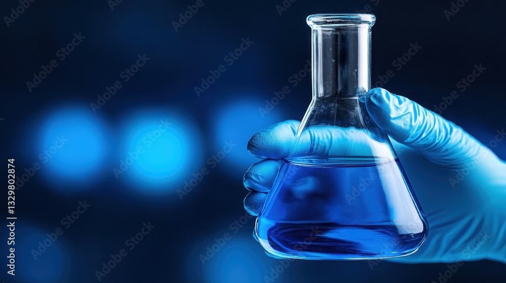 Poster gloved hand holding a blue liquid-filled flask in a laboratory setting with a blurred background.