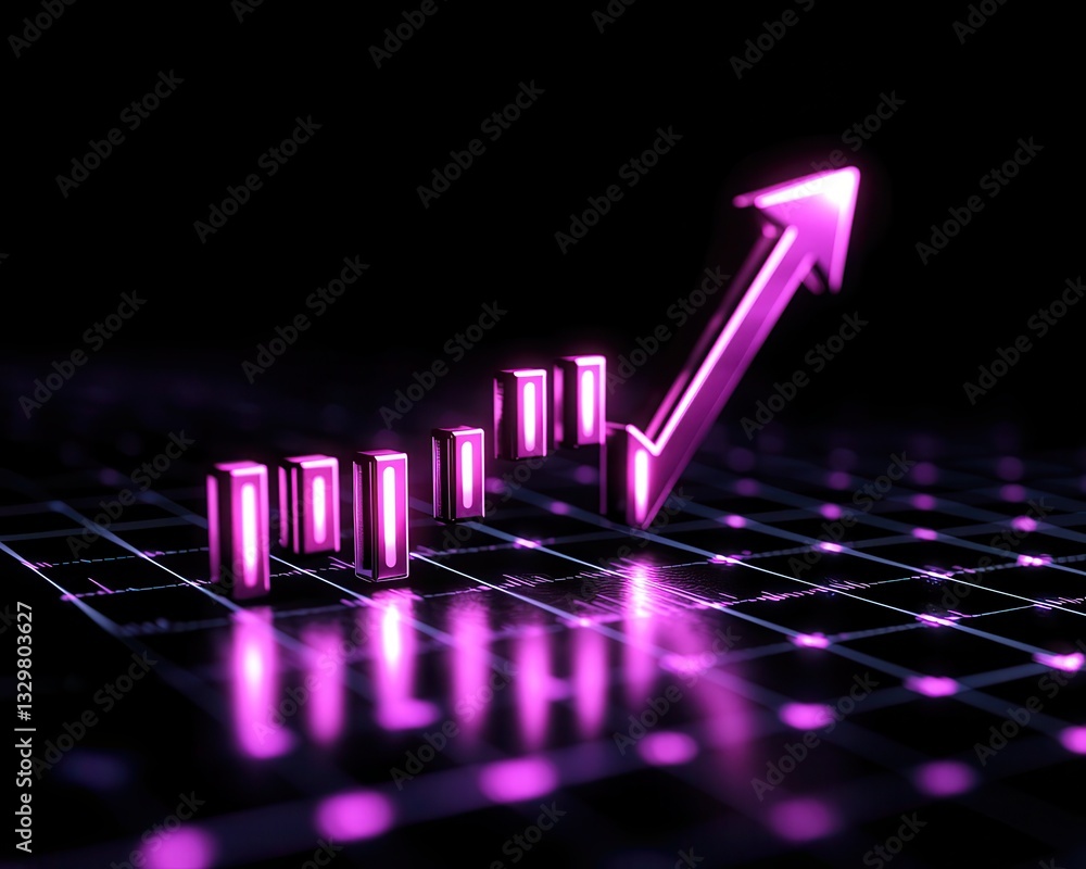 Poster glowing pink arrow and bar graph symbolizing growth on a digital grid background.