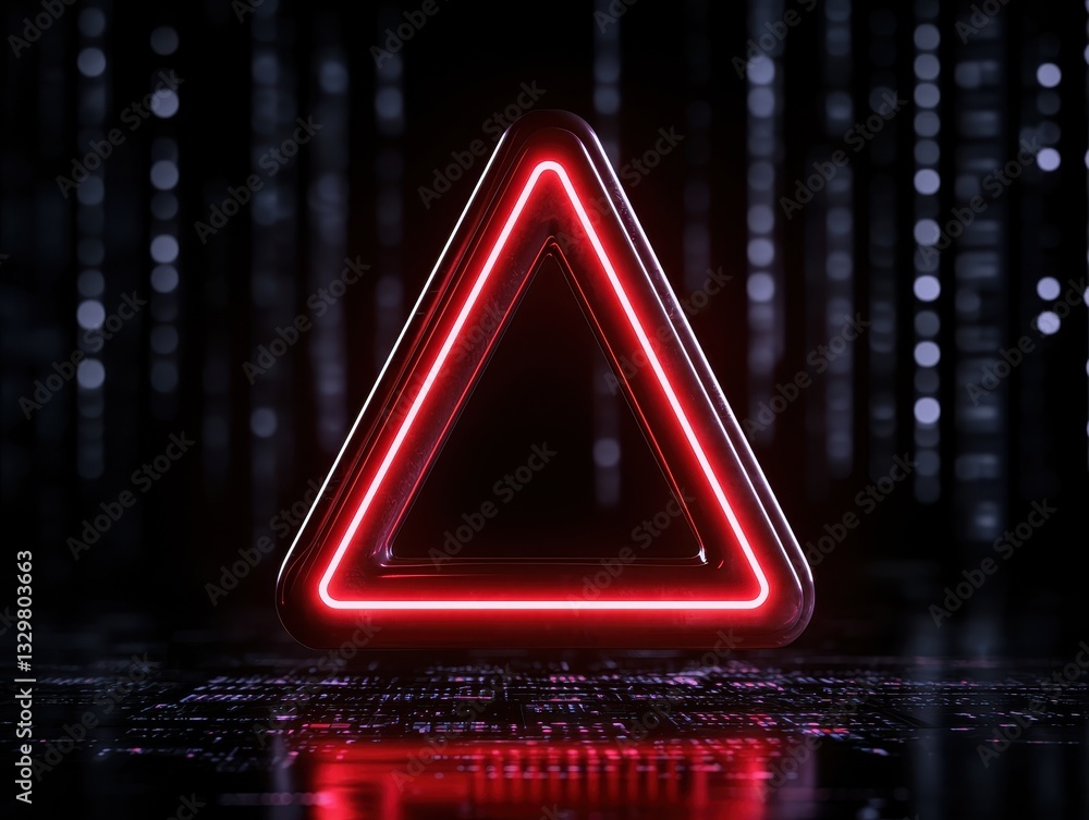 Poster glowing red neon triangle against a dark digital background with reflective surface.