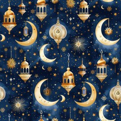 Blue and gold pattern of stars and lanterns with a moon in the center