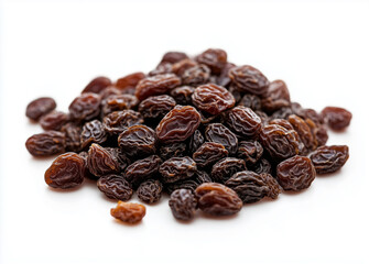 Obraz premium A heap of dried black raisins isolated on a clean white surface, capturing their deep color and wrinkled texture, ideal for promoting health-conscious snacks.