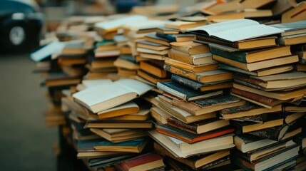 A vibrant pile of books showcases varying sizes and colors, symbolizing knowledge and exploration, Ideal for education, literature, or library-themed projects,