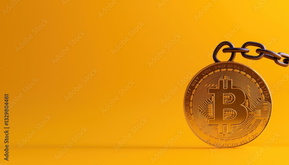 Poster money prisoner concept golden bitcoin on chain against orange background symbolizing blockchain and 