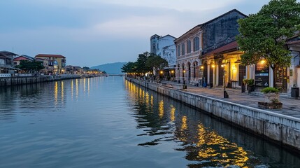 Evening reflection on calm river georgetown malaysia scenic view tranquil environment