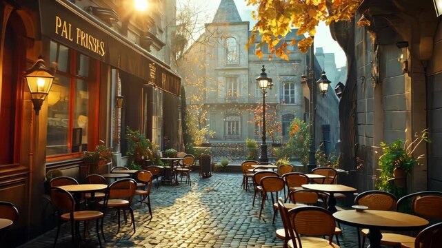 Autumnal Parisian Cafe: A Charming Cobblestone Street Scene