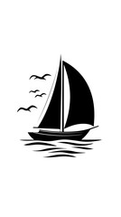 Black and white illustration of a sailing yacht. Sailboat.