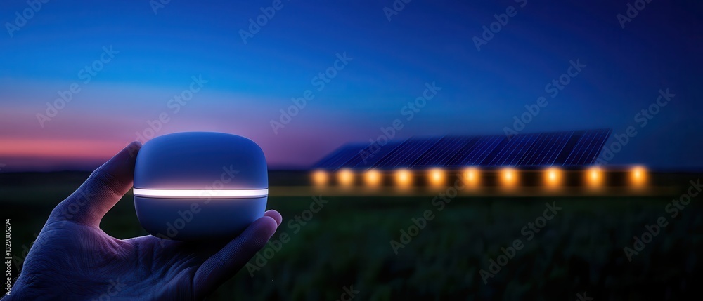 Poster hand holding smart device by solar panel array at dusk.