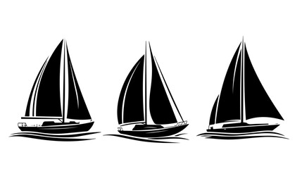 Black and white illustration of a sailing yacht. Sailboat.