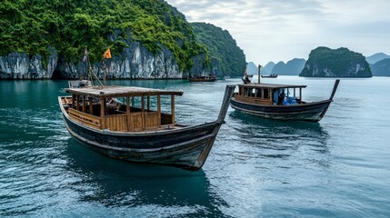 Fototapeta premium Boats sailing on calm waters ha long bay nature photography serene environment wide angle tranquility