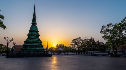 Naklejka premium Sunset over wat arun temple bangkok thailand landscape photography peaceful scenic view