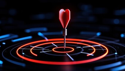 Fototapeta premium Heart-shaped dart hits the bullseye on a futuristic digital target, symbolizing precision in business.