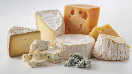 Assorted cheeses, including soft and hard varieties, displayed elegantly on a clean white background
