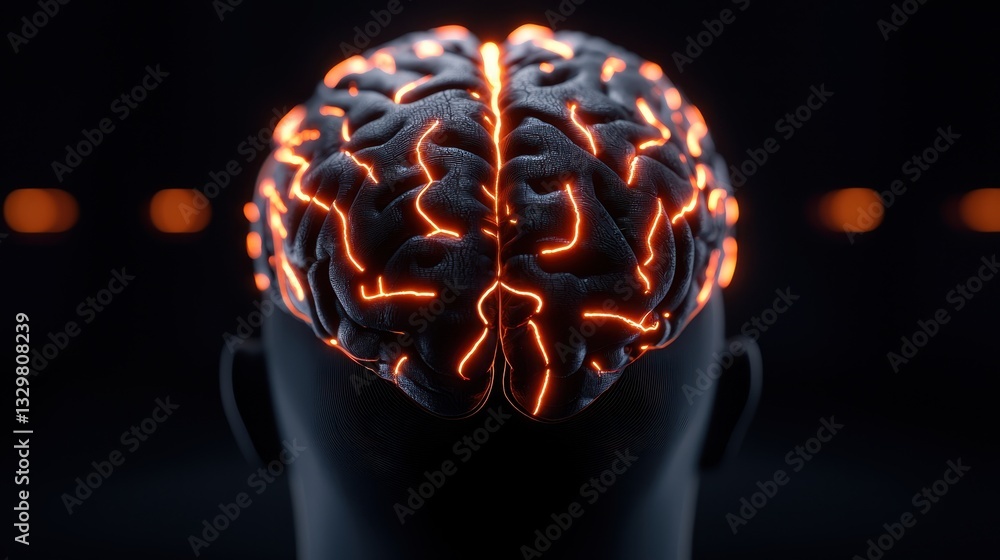 Poster illuminated brain illustrating neural pathways and cognitive functions in a dark setting.
